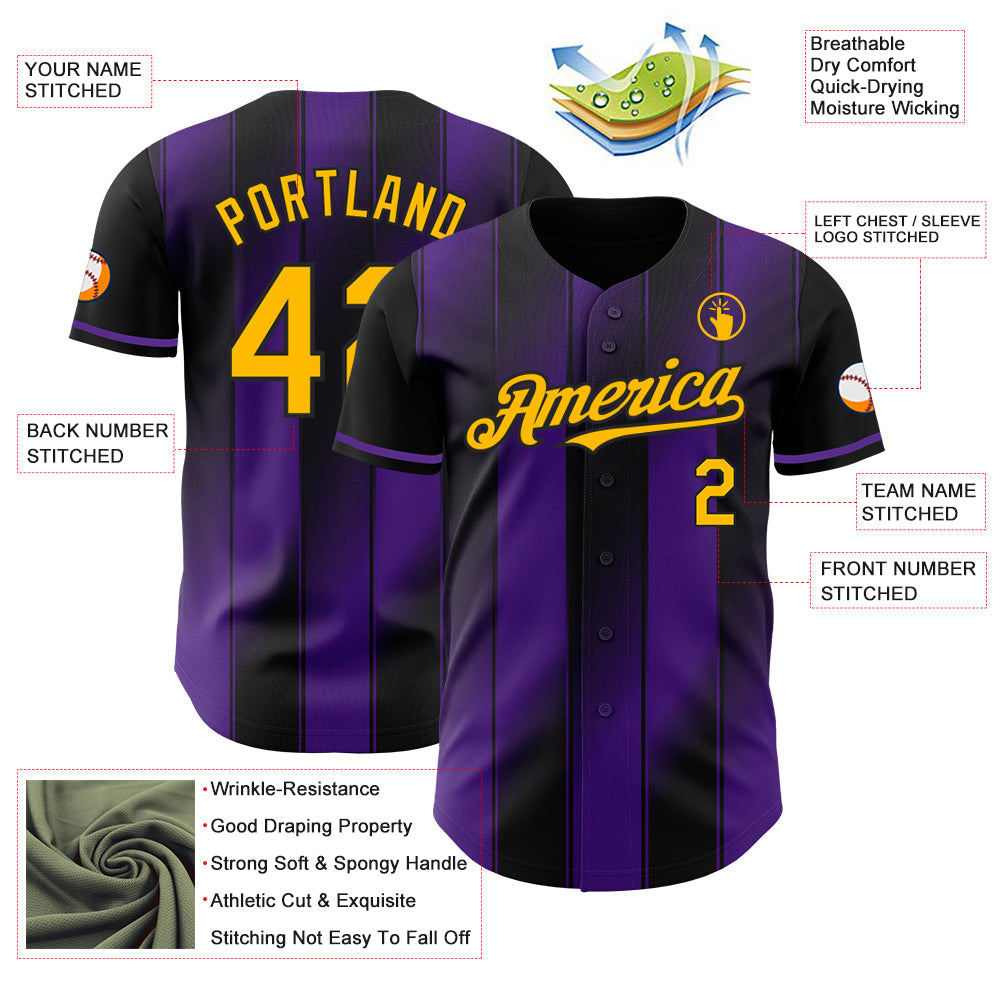 Custom Black Gold-Purple Gradient Classic Vertical Stripe Authentic Baseball Jersey view 3
