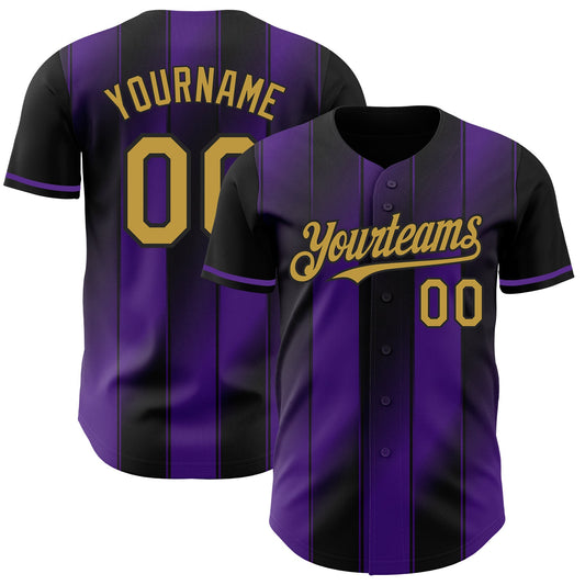 Custom Black Old Gold-Purple Gradient Classic Vertical Stripe Authentic Baseball Jersey - Main View