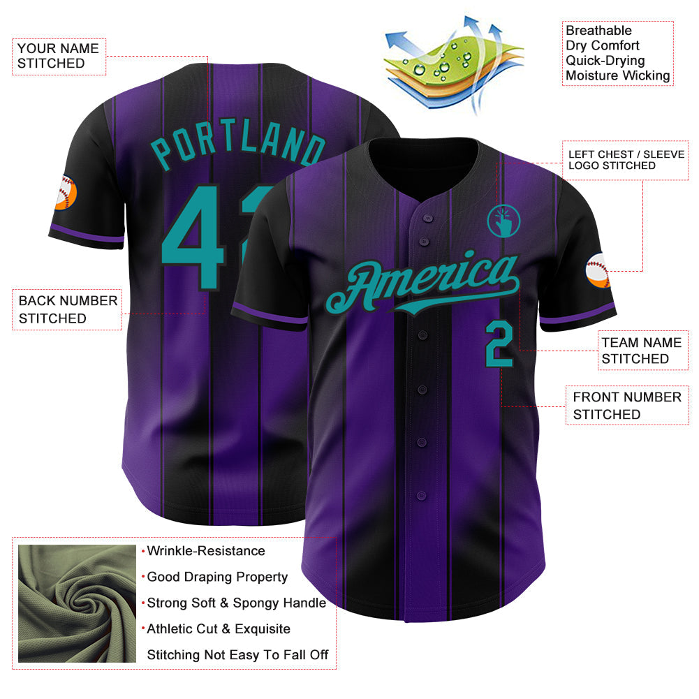 Custom Black Teal-Purple Gradient Classic Vertical Stripe Authentic Baseball Jersey view 3