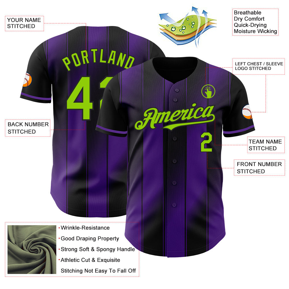Custom Black Neon Green-Purple Gradient Classic Vertical Stripe Authentic Baseball Jersey view 3