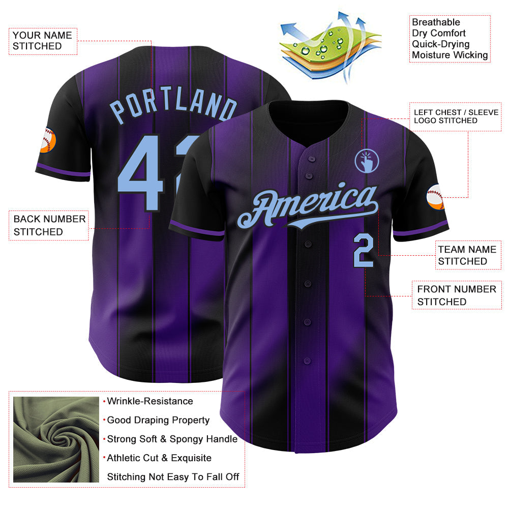 Custom Black Light Blue-Purple Gradient Classic Vertical Stripe Authentic Baseball Jersey view 3