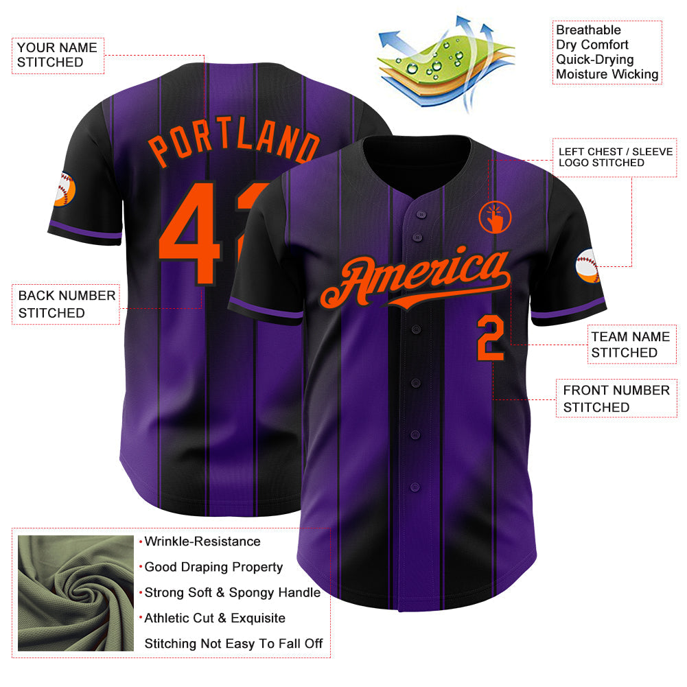 Custom Black Orange-Purple Gradient Classic Vertical Stripe Authentic Baseball Jersey view 3