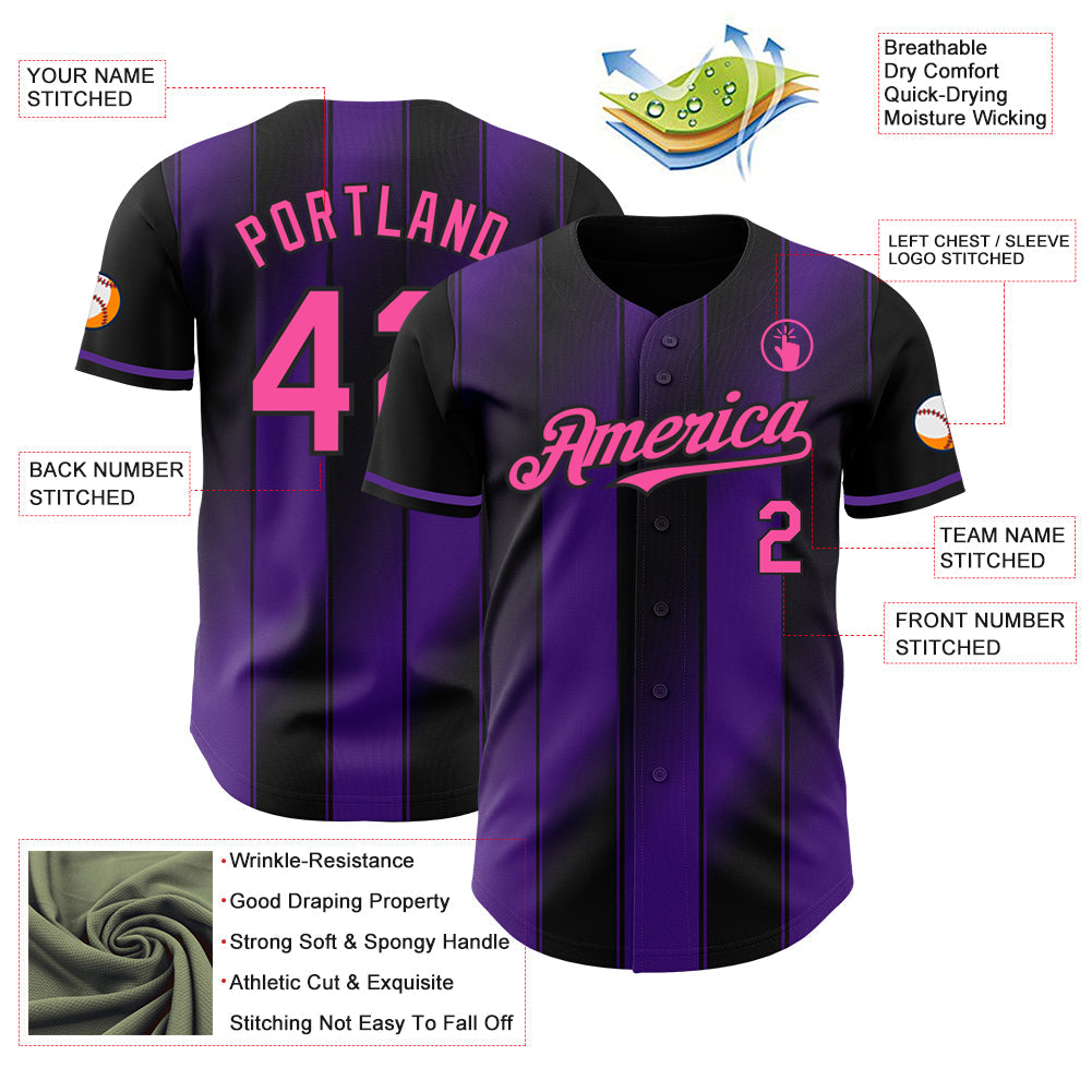 Custom Black Pink-Purple Gradient Classic Vertical Stripe Authentic Baseball Jersey view 3