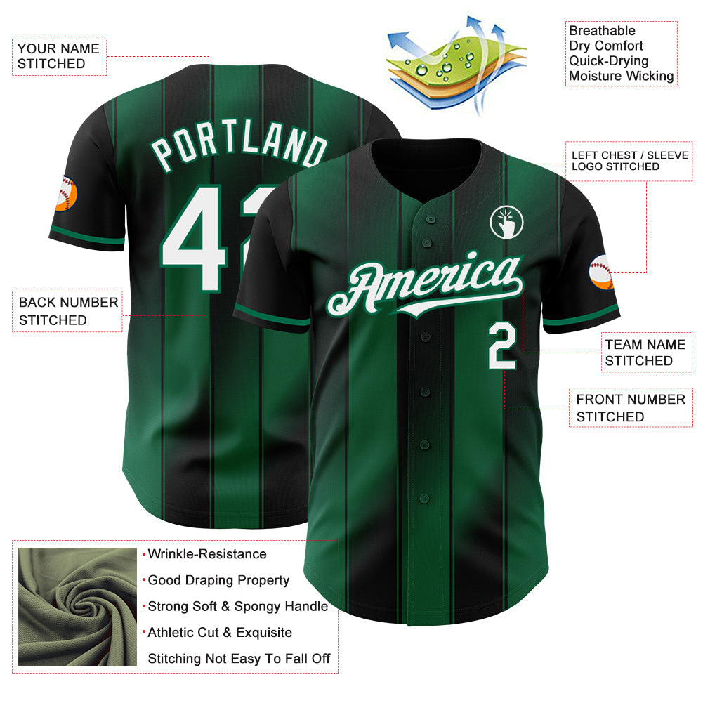 Custom Black White-Kelly Green Gradient Classic Vertical Stripe Authentic Baseball Jersey view 3