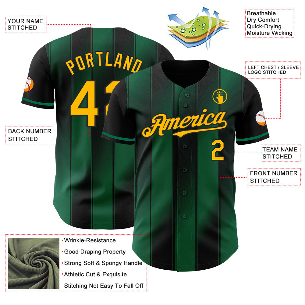 Custom Black Gold-Kelly Green Gradient Classic Vertical Stripe Authentic Baseball Jersey view 3
