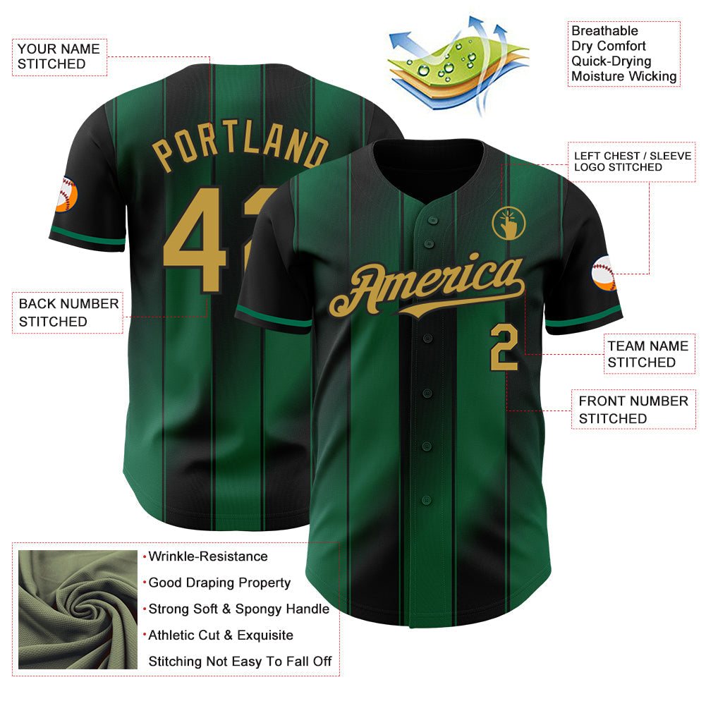 Custom Black Old Gold-Kelly Green Gradient Classic Vertical Stripe Authentic Baseball Jersey view 3