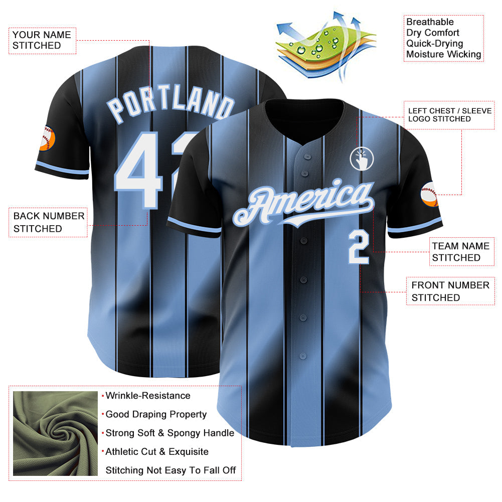 Custom Black White-Light Blue Gradient Classic Vertical Stripe Authentic Baseball Jersey view 3