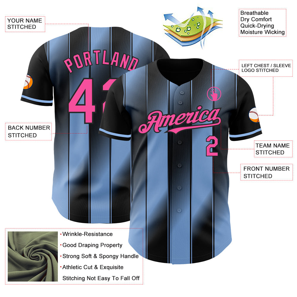 Custom Black Pink-Light Blue Gradient Classic Vertical Stripe Authentic Baseball Jersey view 3