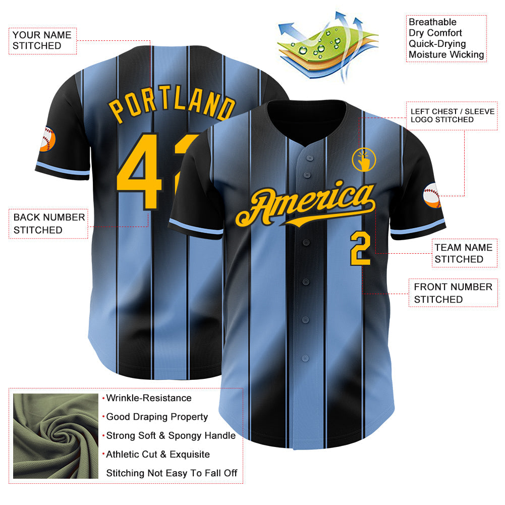 Custom Black Gold-Light Blue Gradient Classic Vertical Stripe Authentic Baseball Jersey view 3