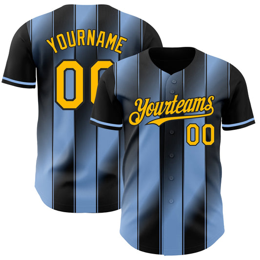 Custom Black Gold-Light Blue Gradient Classic Vertical Stripe Authentic Baseball Jersey - Main View