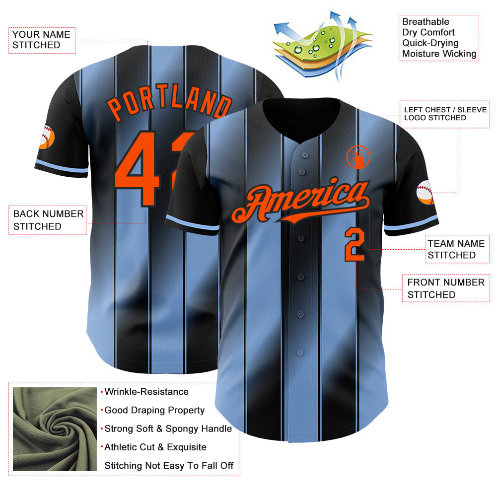 Custom Black Orange-Light Blue Gradient Classic Vertical Stripe Authentic Baseball Jersey view 3