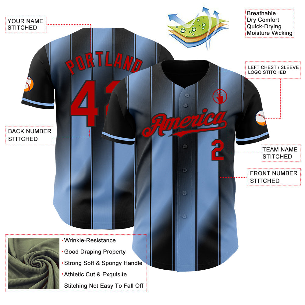 Custom Black Red-Light Blue Gradient Classic Vertical Stripe Authentic Baseball Jersey view 3