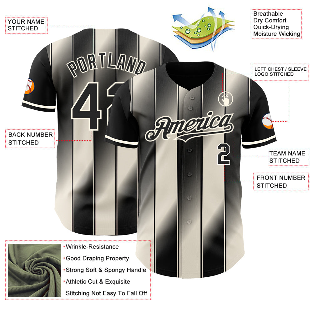 Custom Black Cream-Cream Gradient Classic Vertical Stripe Authentic Baseball Jersey view 3