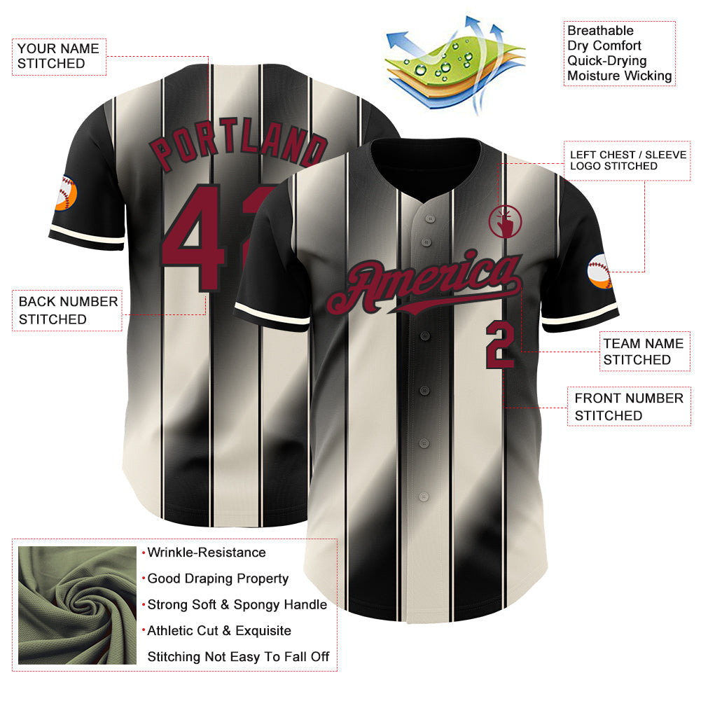 Custom Black Crimson-Cream Gradient Classic Vertical Stripe Authentic Baseball Jersey view 3