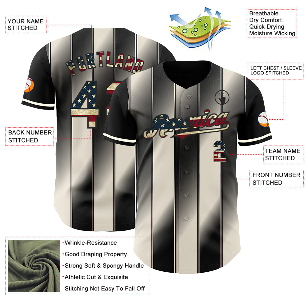Custom Black Vintage USA Flag-Cream Gradient Classic Vertical Stripe Authentic Baseball Jersey view 3