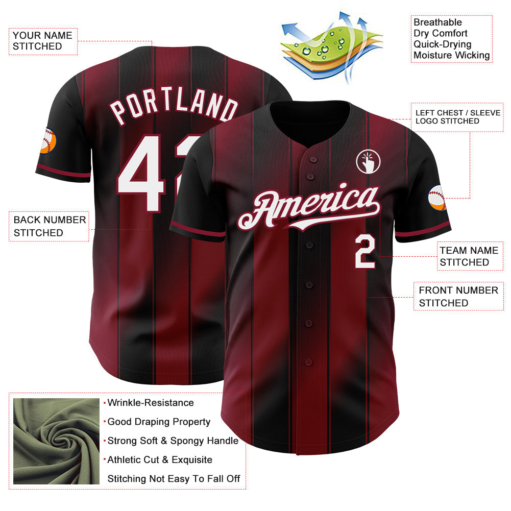 Custom Black White-Crimson Gradient Classic Vertical Stripe Authentic Baseball Jersey view 3
