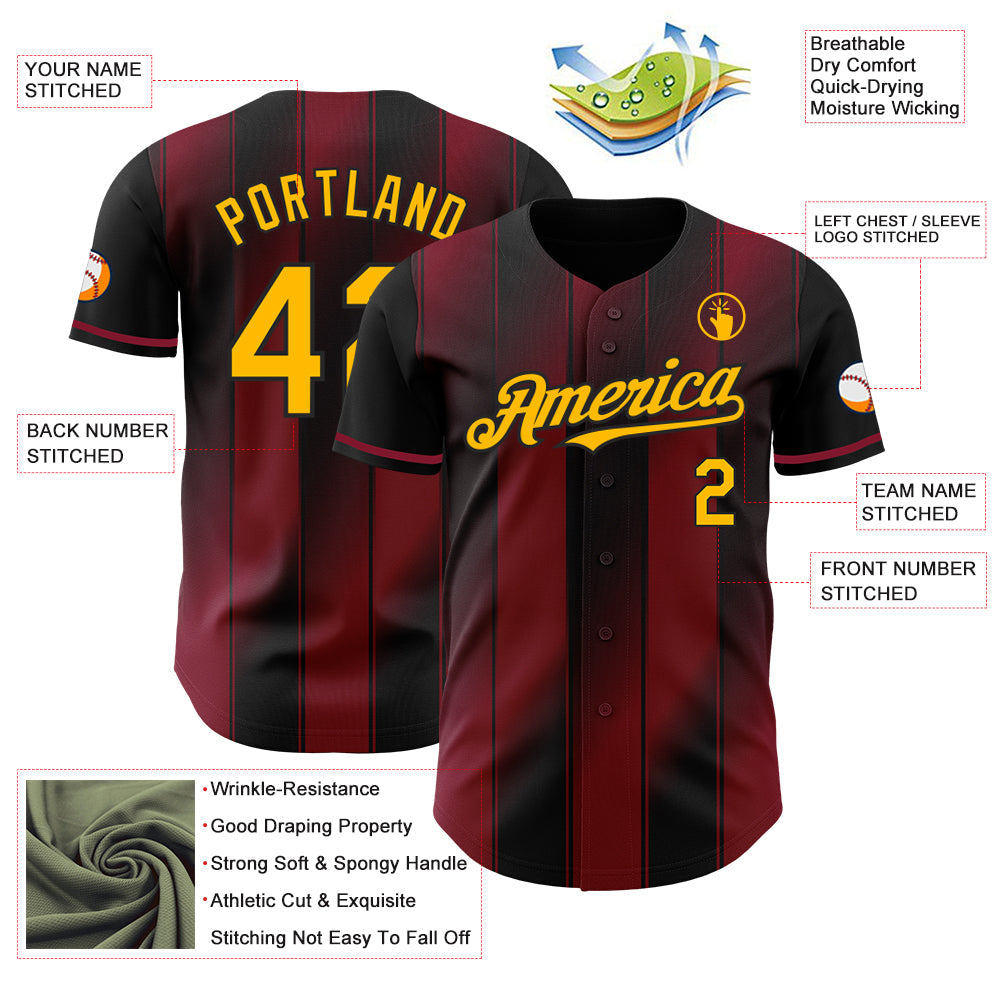Custom Black Gold-Crimson Gradient Classic Vertical Stripe Authentic Baseball Jersey view 3