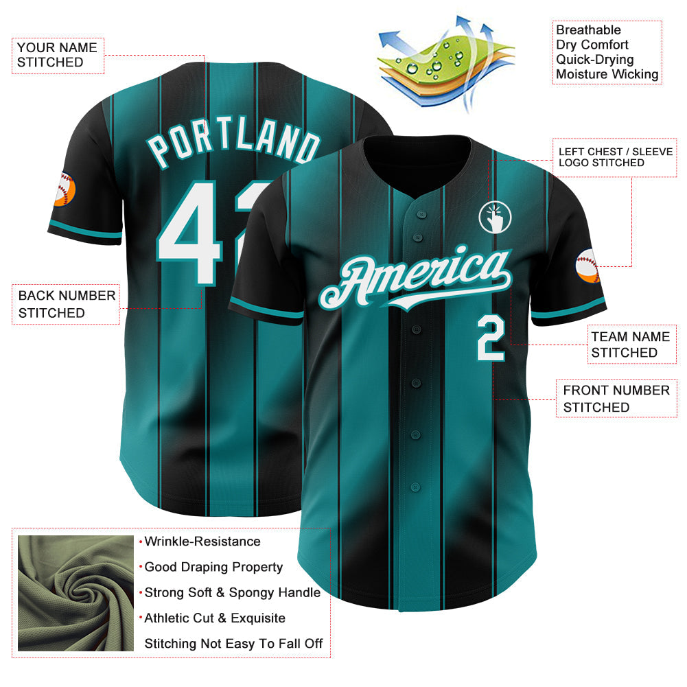Custom Black White-Teal Gradient Classic Vertical Stripe Authentic Baseball Jersey view 3