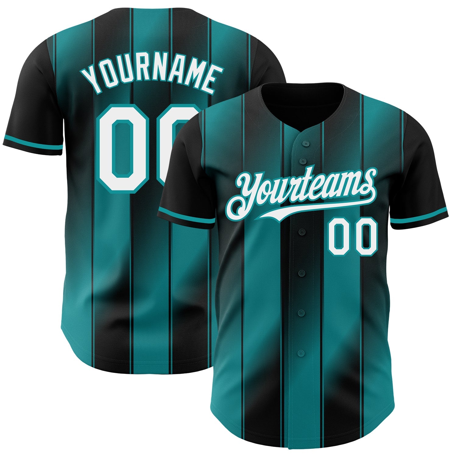 Custom Black White-Teal Gradient Classic Vertical Stripe Authentic Baseball Jersey - Main View