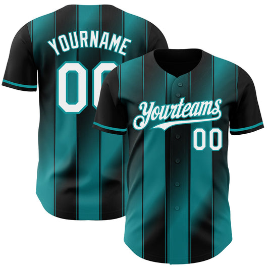 Custom Black White-Teal Gradient Classic Vertical Stripe Authentic Baseball Jersey - Main View