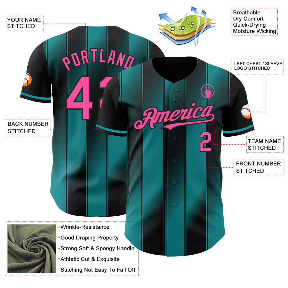 Custom Black Pink-Teal Gradient Classic Vertical Stripe Authentic Baseball Jersey view 3