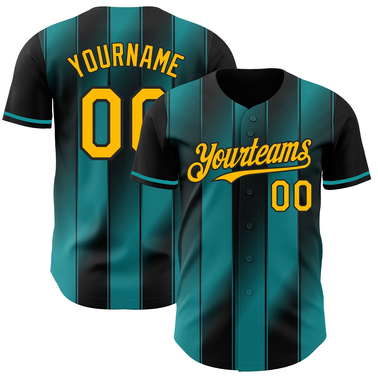 Custom Black Gold-Teal Gradient Classic Vertical Stripe Authentic Baseball Jersey - Main View