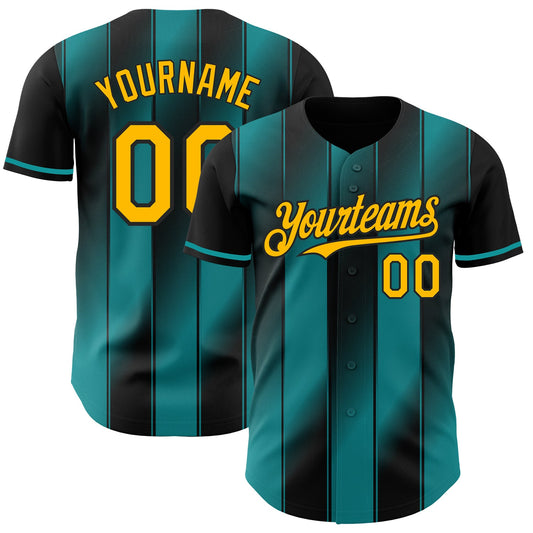 Custom Black Gold-Teal Gradient Classic Vertical Stripe Authentic Baseball Jersey - Main View