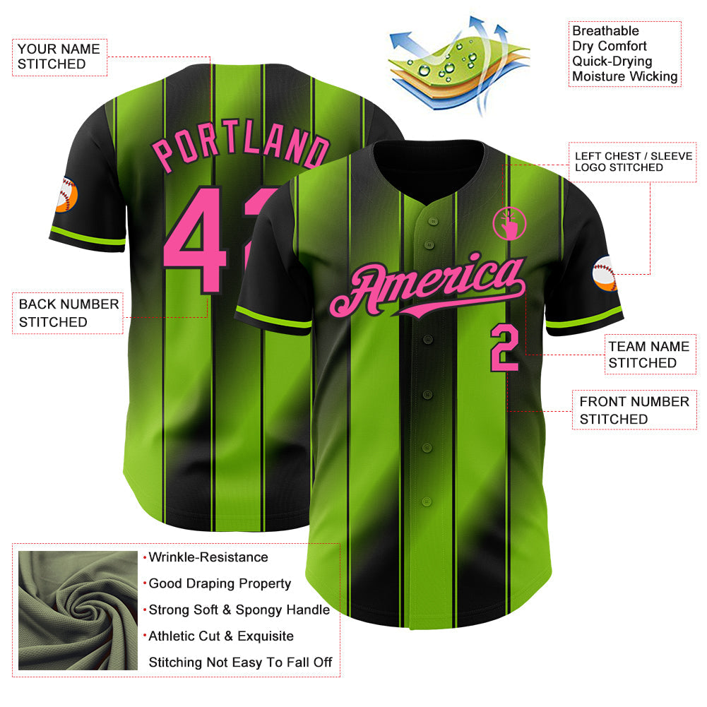 Custom Black Pink-Neon Green Gradient Classic Vertical Stripe Authentic Baseball Jersey view 3