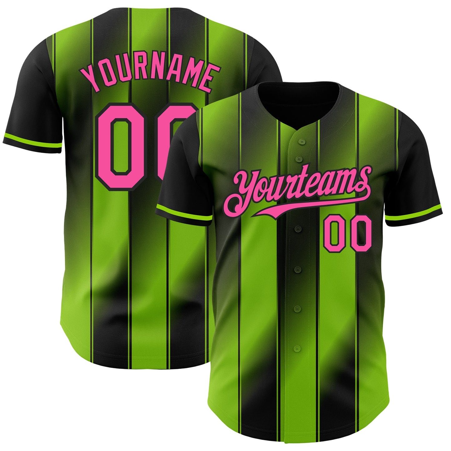 Custom Black Pink-Neon Green Gradient Classic Vertical Stripe Authentic Baseball Jersey - Main View