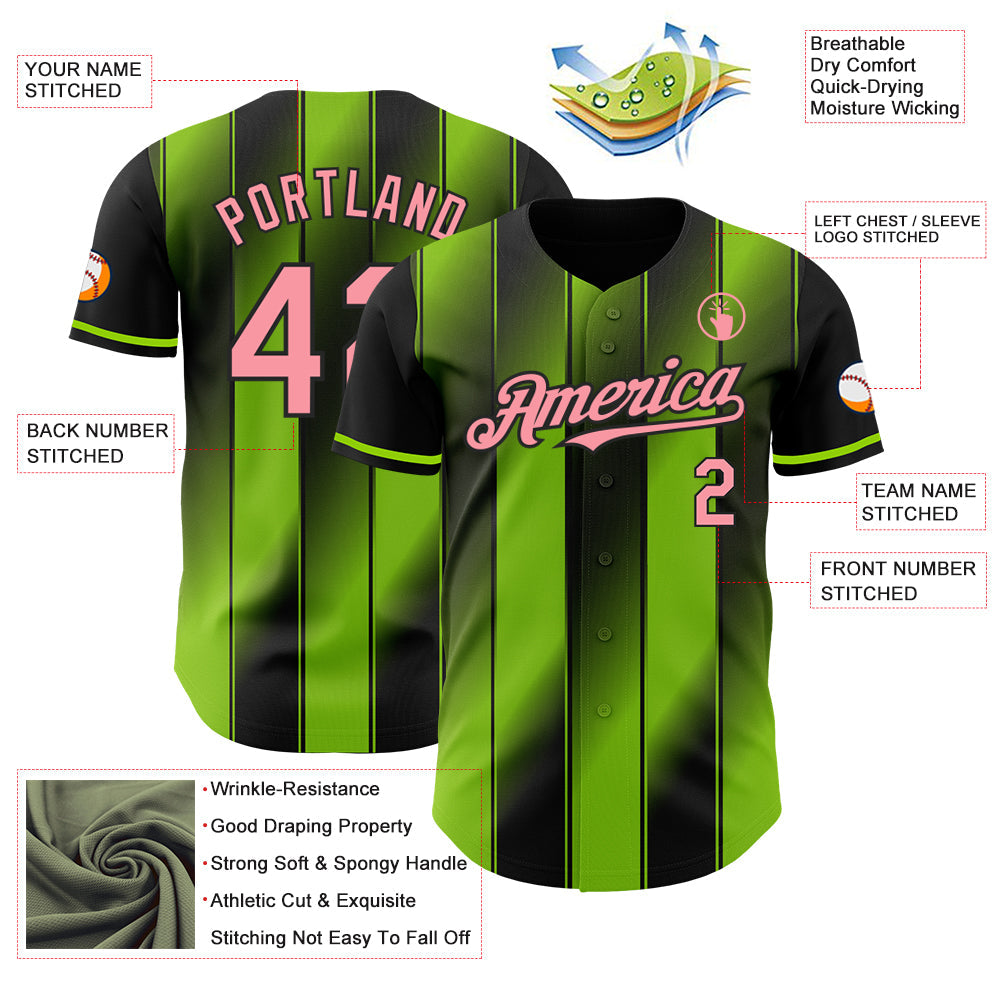 Custom Black Medium Pink-Neon Green Gradient Classic Vertical Stripe Authentic Baseball Jersey view 3