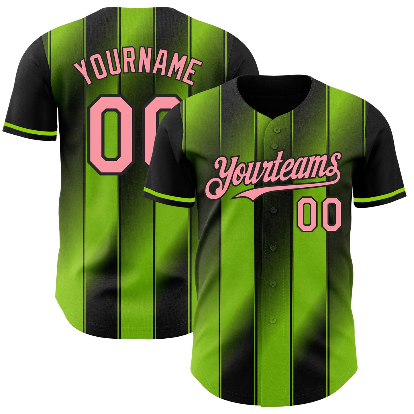 Custom Black Medium Pink-Neon Green Gradient Classic Vertical Stripe Authentic Baseball Jersey - Main View