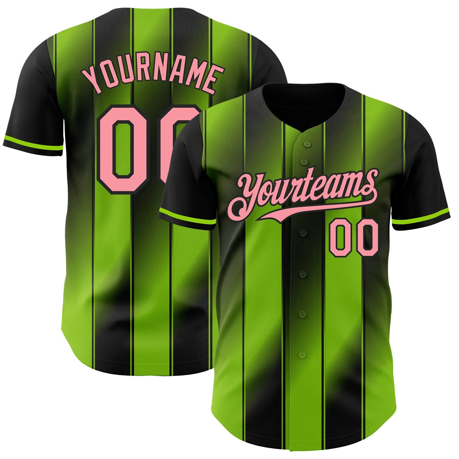 Custom Black Medium Pink-Neon Green Gradient Classic Vertical Stripe Authentic Baseball Jersey - Main View