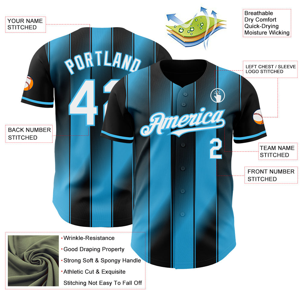 Custom Black White-Sky Blue Gradient Classic Vertical Stripe Authentic Baseball Jersey view 3