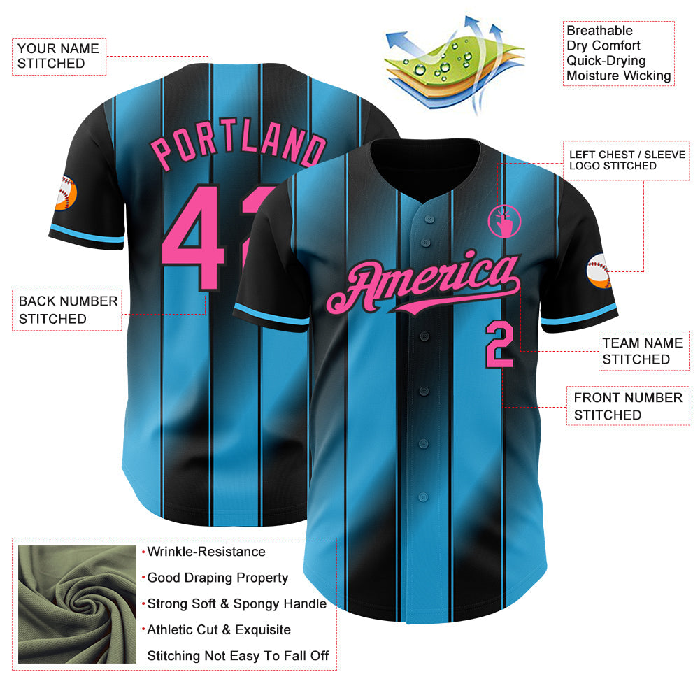 Custom Black Pink-Sky Blue Gradient Classic Vertical Stripe Authentic Baseball Jersey view 3
