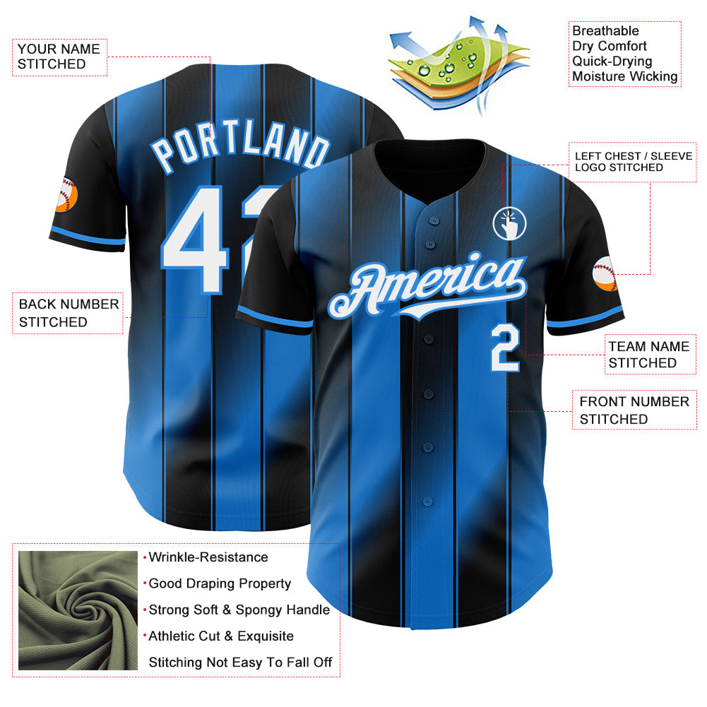 Custom Black White-Electric Blue Gradient Classic Vertical Stripe Authentic Baseball Jersey view 3