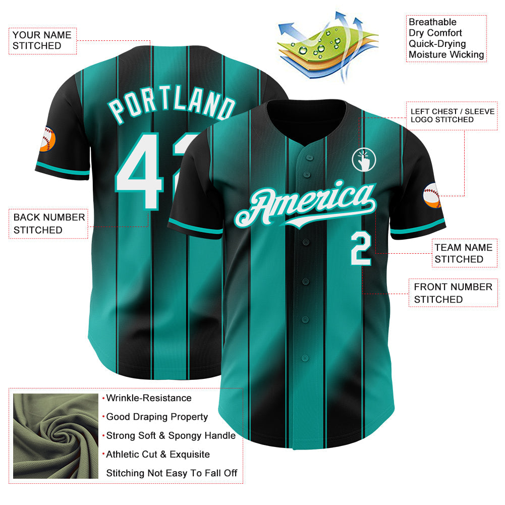 Custom Black White-Aqua Gradient Classic Vertical Stripe Authentic Baseball Jersey view 3