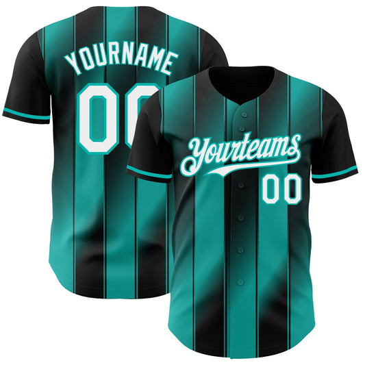 Custom Black White-Aqua Gradient Classic Vertical Stripe Authentic Baseball Jersey - Main View
