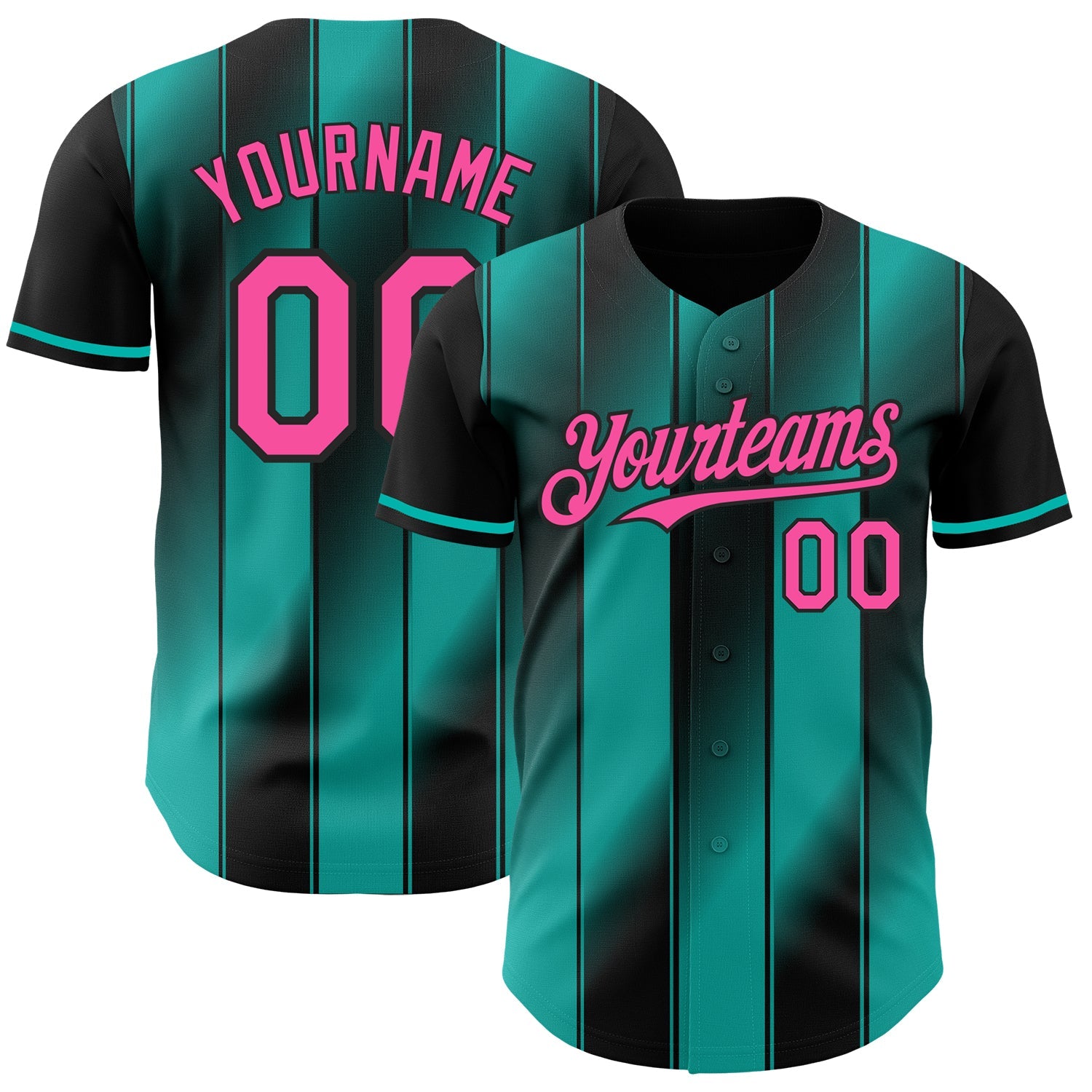 Custom Black Pink-Aqua Gradient Classic Vertical Stripe Authentic Baseball Jersey - Main View