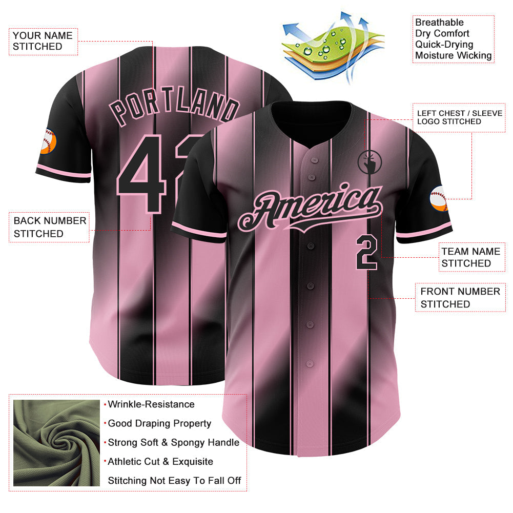 Custom Black-Light Pink Gradient Classic Vertical Stripe Authentic Baseball Jersey view 3