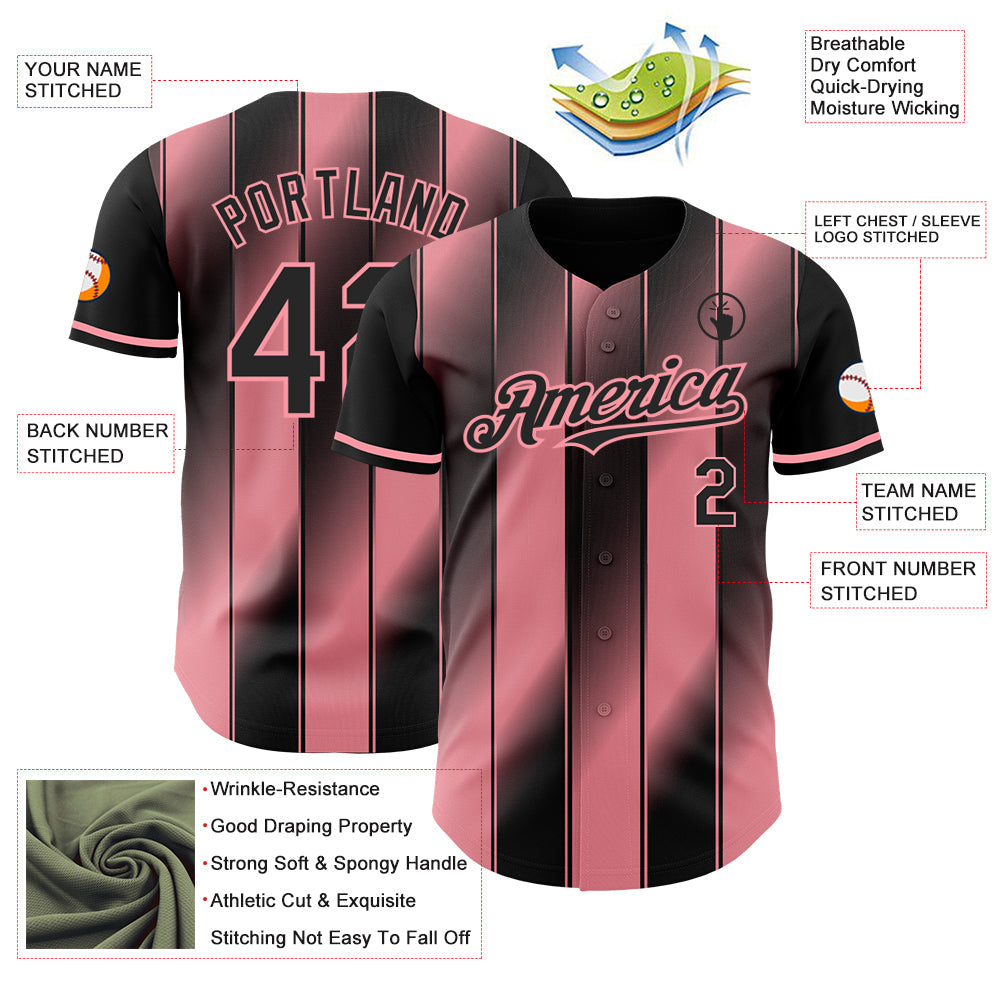 Custom Black-Medium Pink Gradient Classic Vertical Stripe Authentic Baseball Jersey view 3