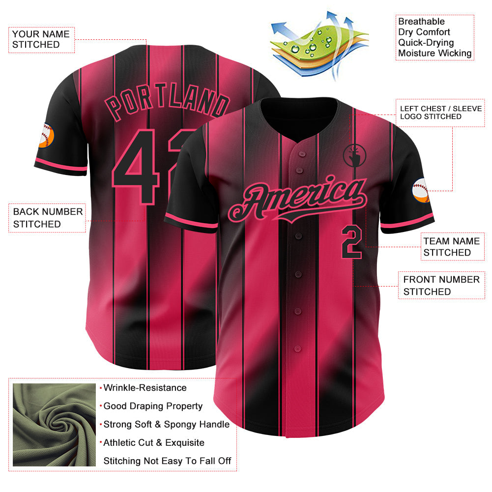 Custom Black-Neon Pink Gradient Classic Vertical Stripe Authentic Baseball Jersey view 3