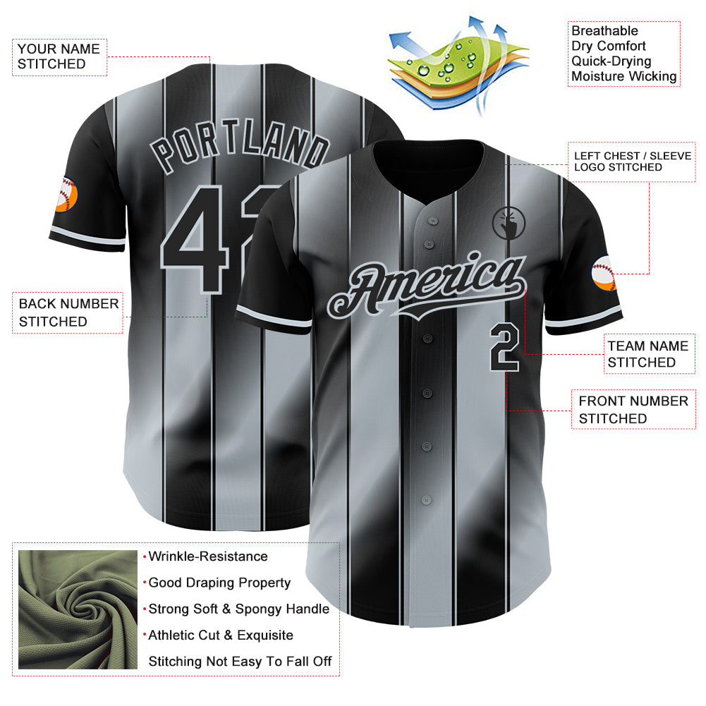 Custom Black-Silver Gradient Classic Vertical Stripe Authentic Baseball Jersey view 3