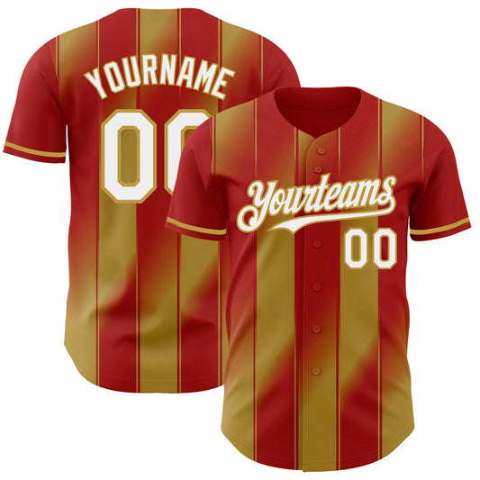 Custom Red White-Old Gold Gradient Classic Vertical Stripe Authentic Baseball Jersey - Main View