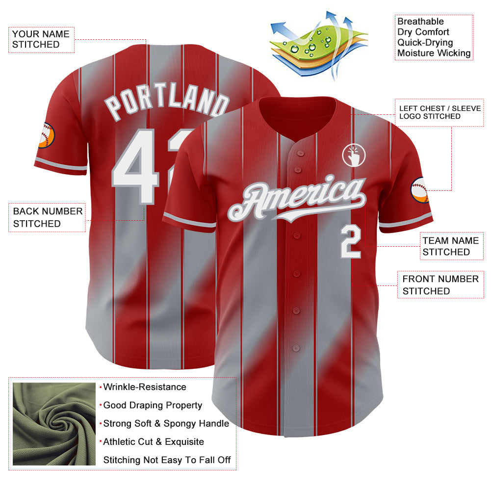 Custom Red White-Gray Gradient Classic Vertical Stripe Authentic Baseball Jersey view 3