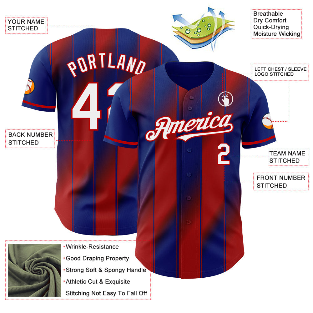 Custom Royal White-Red Gradient Classic Vertical Stripe Authentic Baseball Jersey view 3