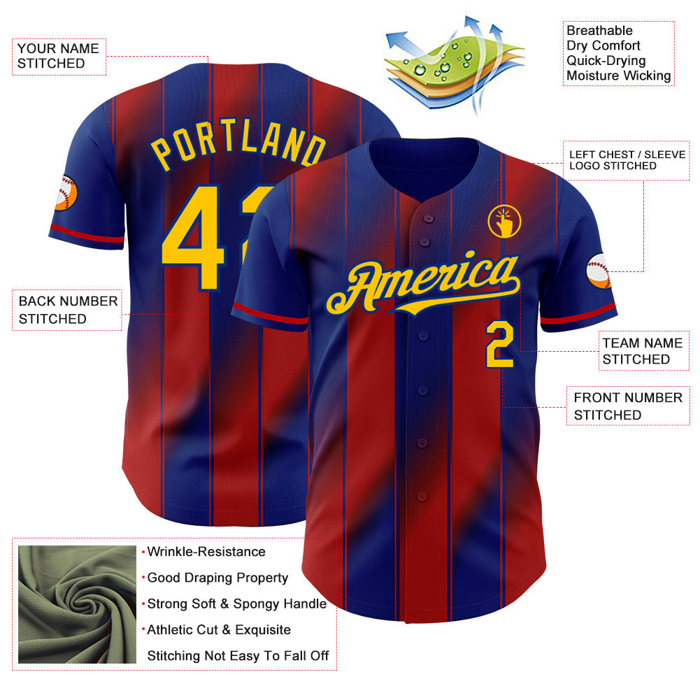 Custom Royal Yellow-Red Gradient Classic Vertical Stripe Authentic Baseball Jersey view 3
