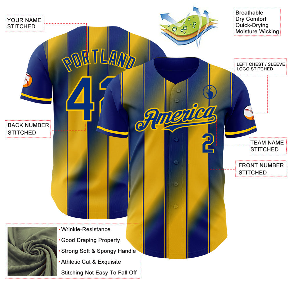 Custom Royal-Yellow Gradient Classic Vertical Stripe Authentic Baseball Jersey view 3