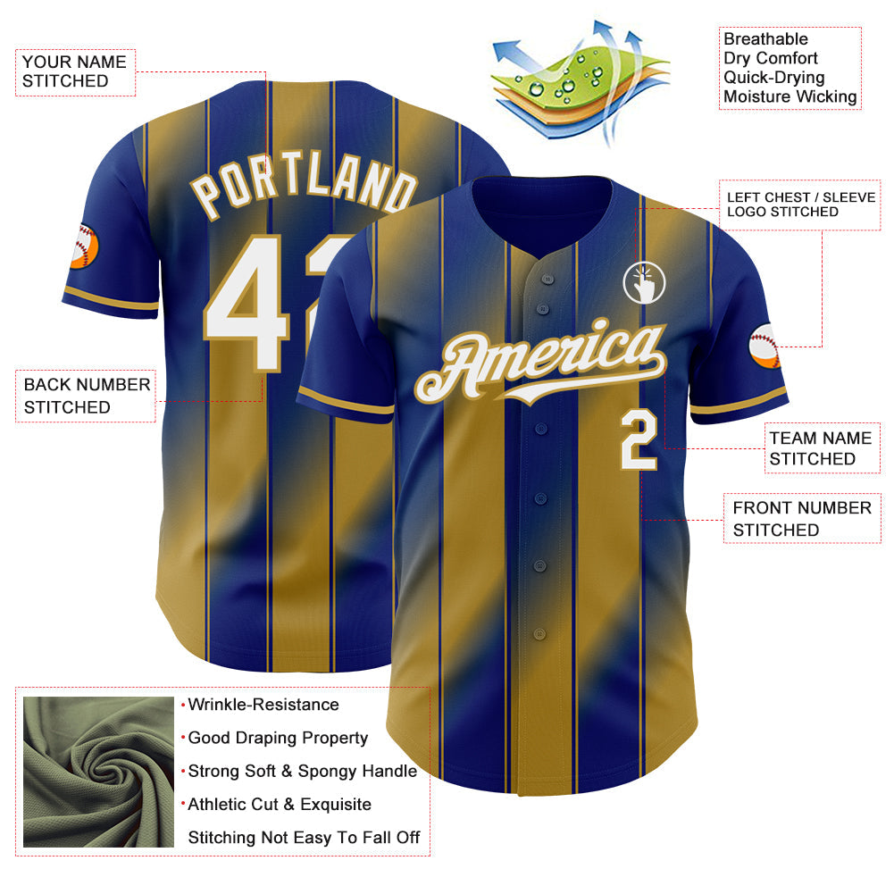 Custom Royal White-Old Gold Gradient Classic Vertical Stripe Authentic Baseball Jersey view 3