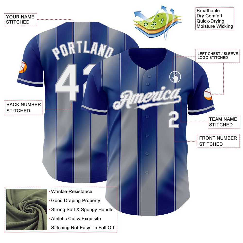 Custom Royal White-Gray Gradient Classic Vertical Stripe Authentic Baseball Jersey view 3