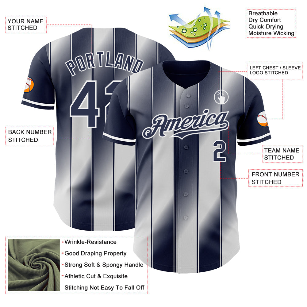 Custom Navy-White Gradient Classic Vertical Stripe Authentic Baseball Jersey view 3
